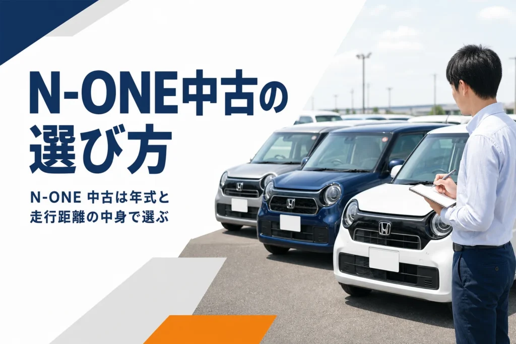 中古車展示場で丸目の軽自動車を見比べている場面のイメージ