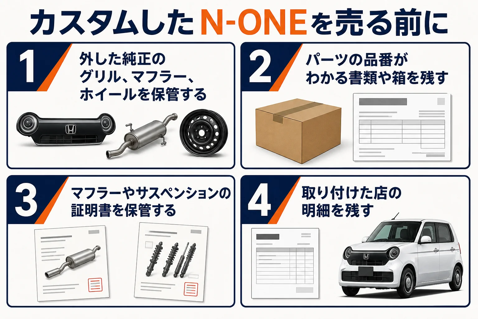 カスタムしたN-ONEを売る前に残しておくものをまとめた図解