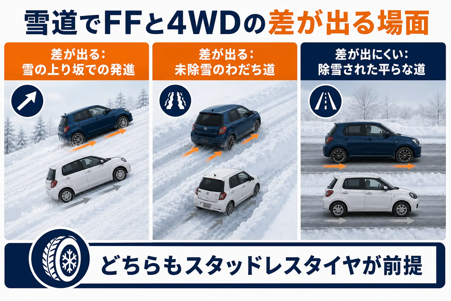 雪道でFFと4WDの差が出る場面と出ない場面を示した図解