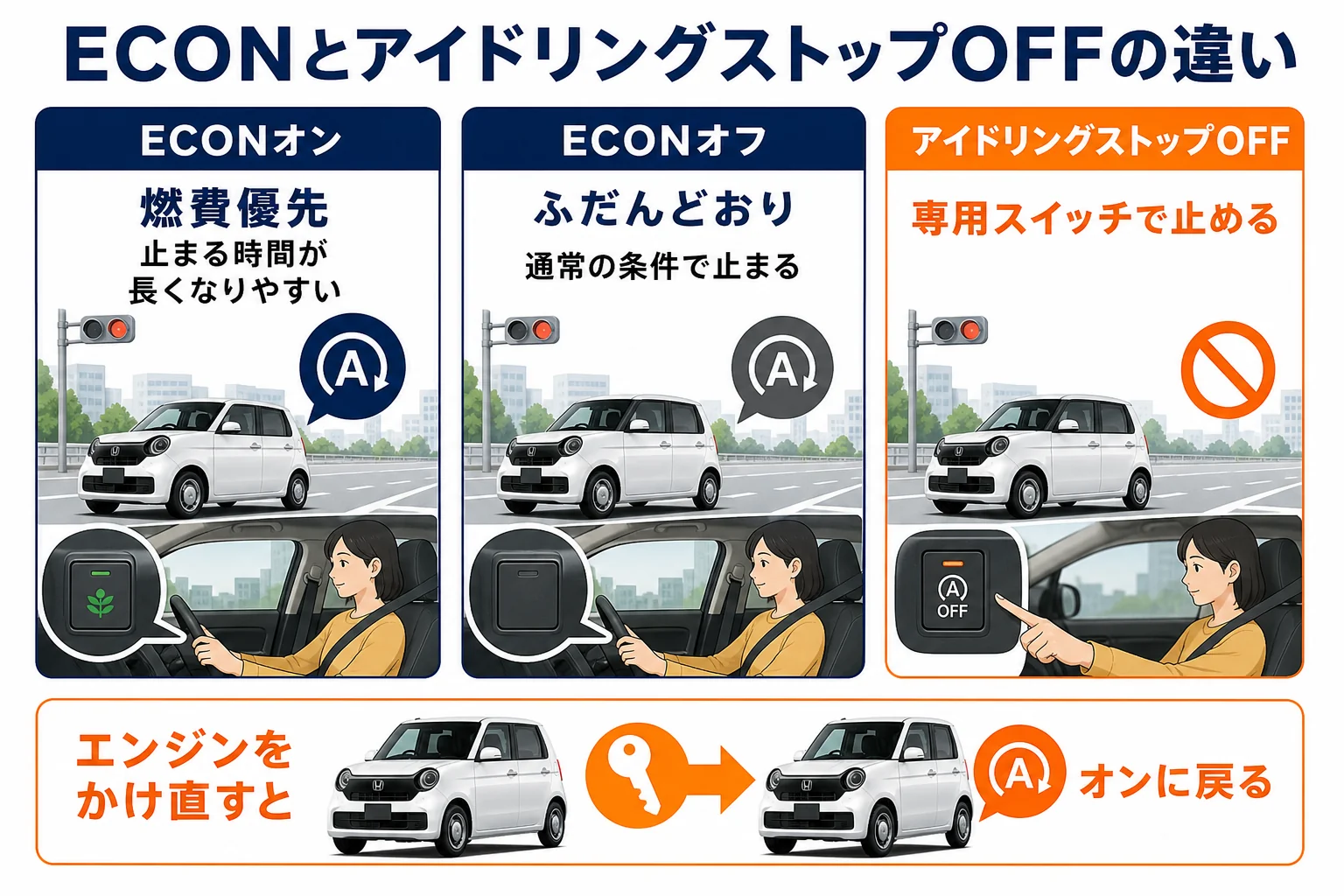 ECON・アイドリングストップOFFの違いを示した図解