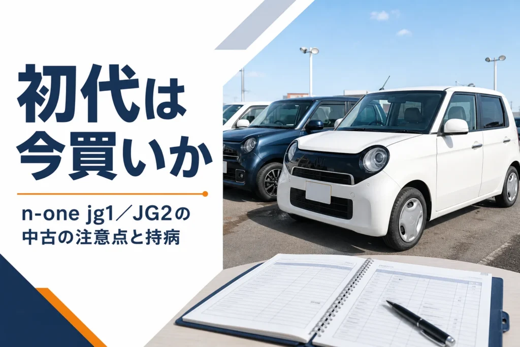 中古車店に並ぶ初代N-ONEと点検記録簿のイメージ
