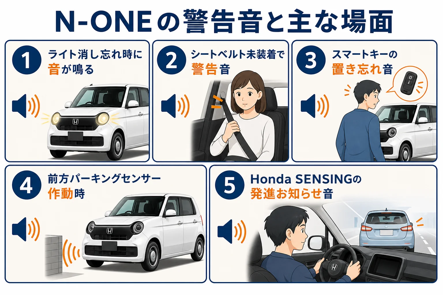 N-ONEの警告音が鳴る主な場面をまとめた図解
