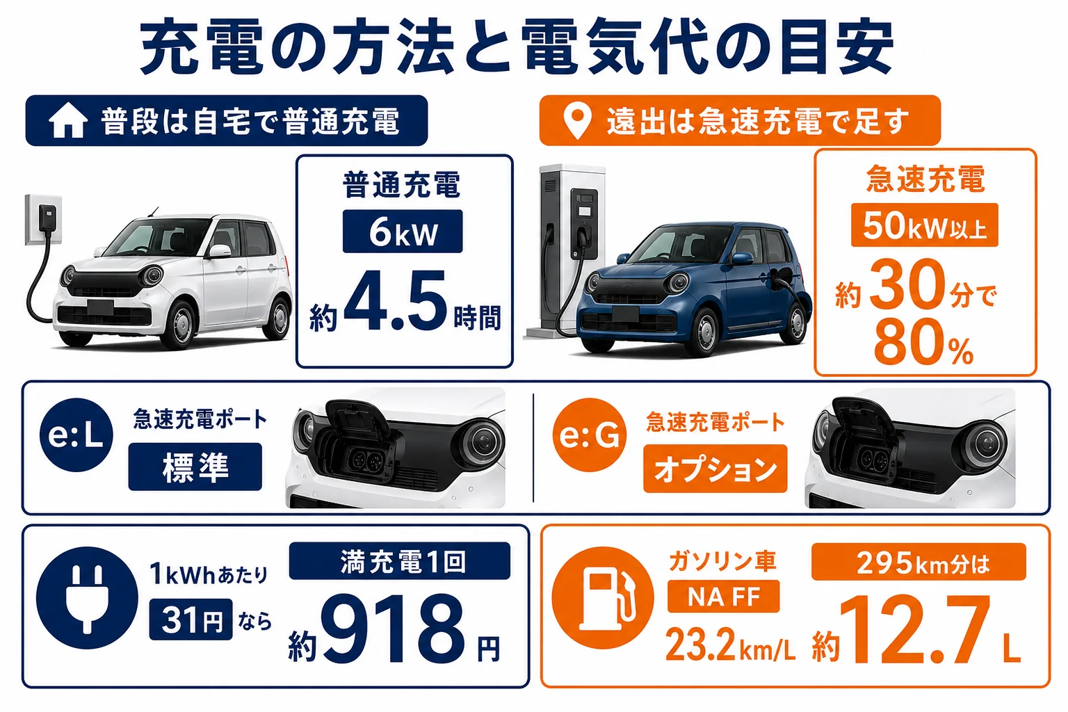 N-ONE e:の充電方法と電気代の計算例をまとめた図解