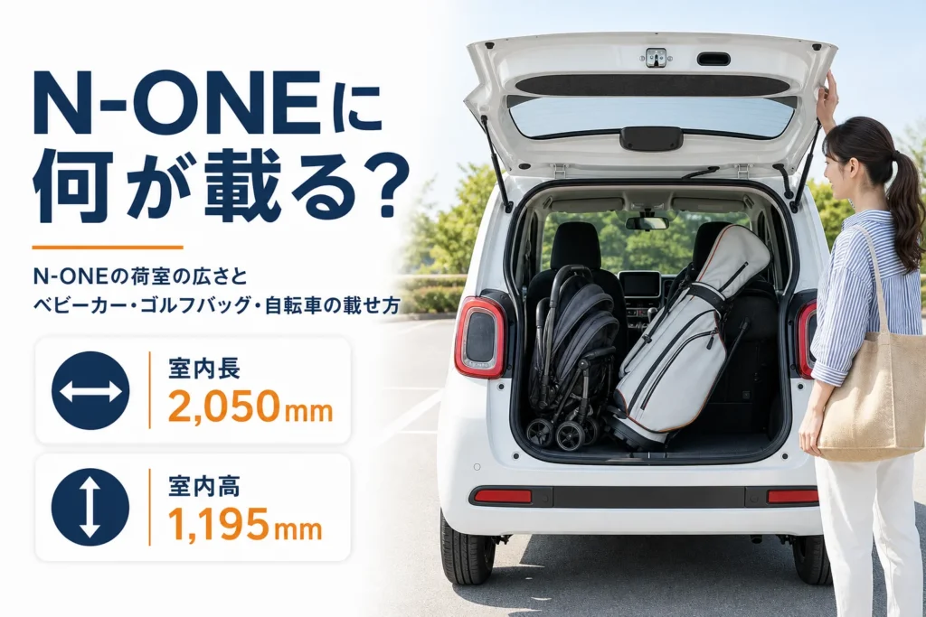 N-ONEの荷室に荷物を積んだ様子と室内寸法を示したアイキャッチ