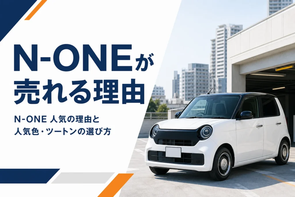 ツートンカラーの丸目の軽自動車が都市の駐車場前に停まっているイメージ