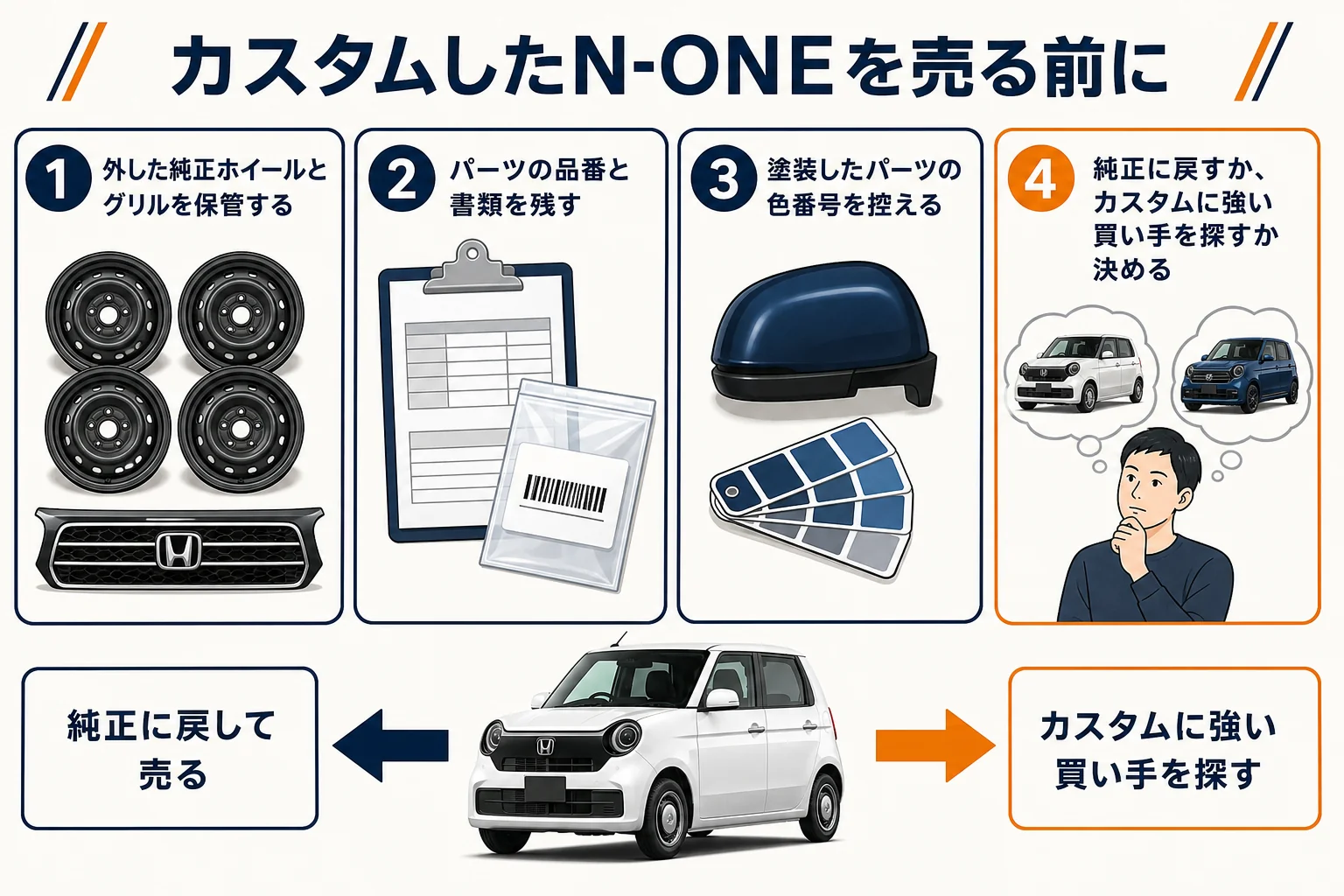 レトロカスタムしたN-ONEを売る前に備えることをまとめた図解