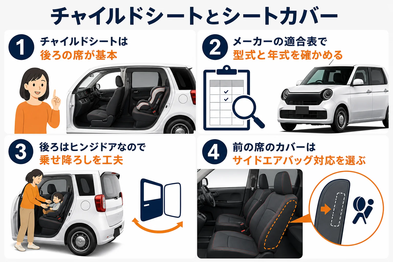 チャイルドシートとシートカバーを選ぶ時の確認点をまとめた図解