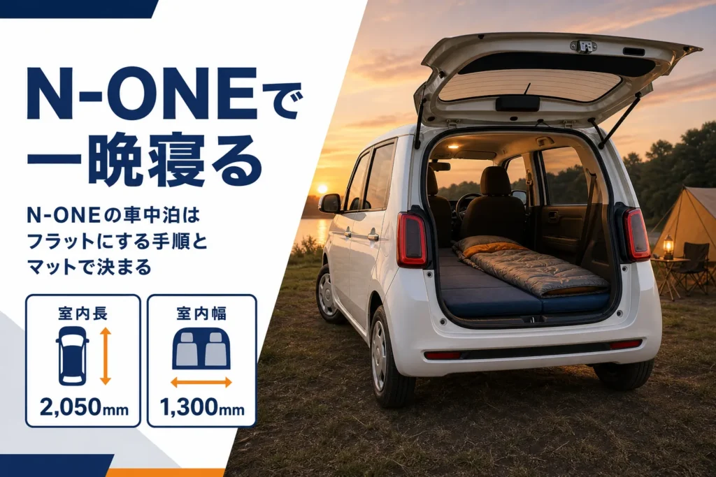 N-ONEで車中泊をする車内の様子と室内寸法を示したアイキャッチ
