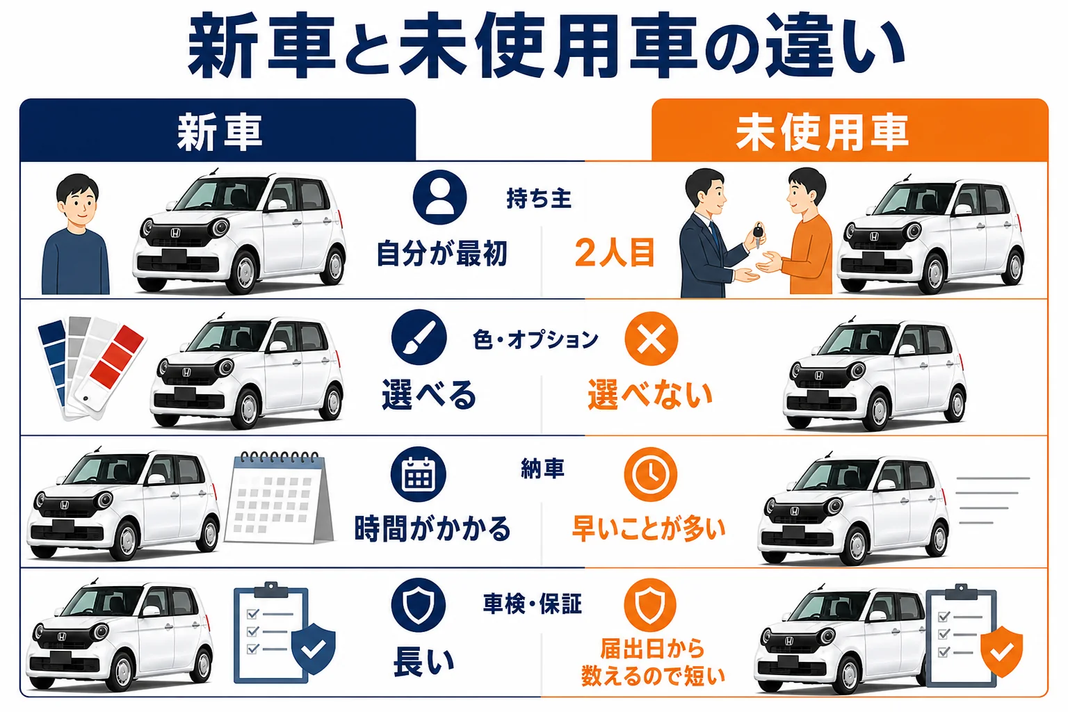 N-ONEの新車と届出済未使用車の違いを項目ごとに比べた図解