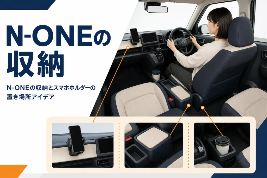 N-ONEの収納とスマホホルダーの置き場所を解説する記事のアイキャッチ