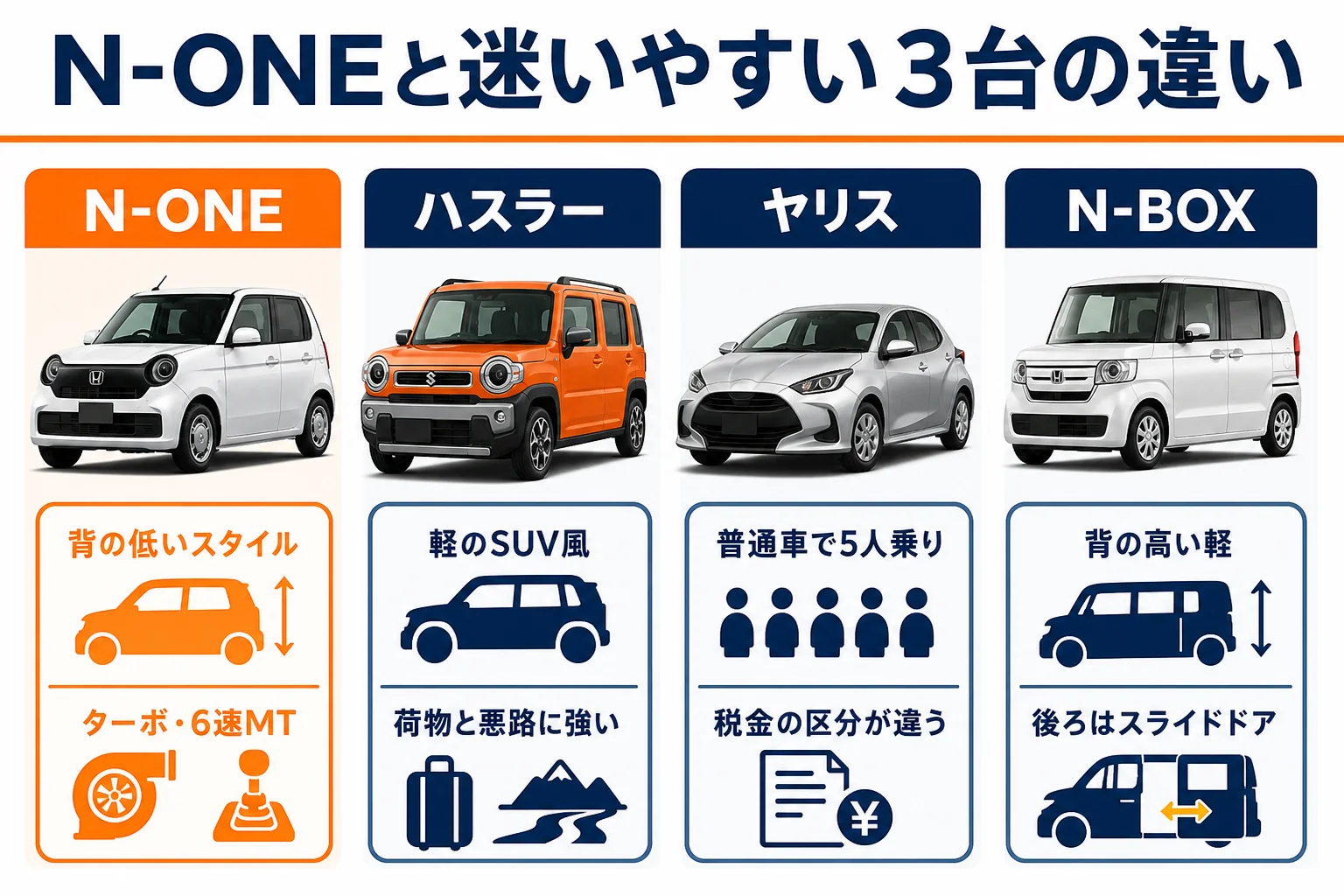 N-ONEとハスラー・ヤリス・N-BOXの性格の違いを示した図解