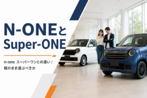 丸目の軽自動車と一回り大きい電気自動車が並ぶイメージ